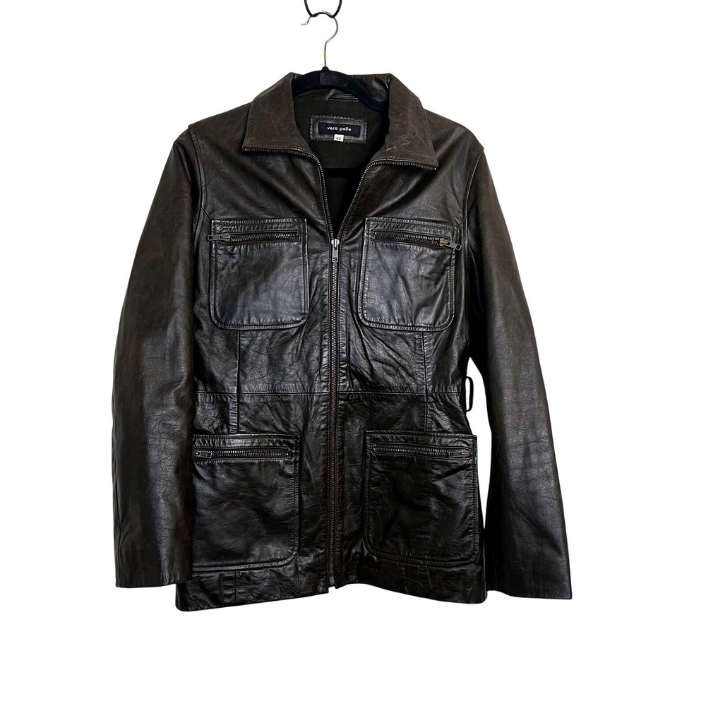 Vera Pelle Brown Leather Utility Jacket Women Size 42 small Zip Front Pockets